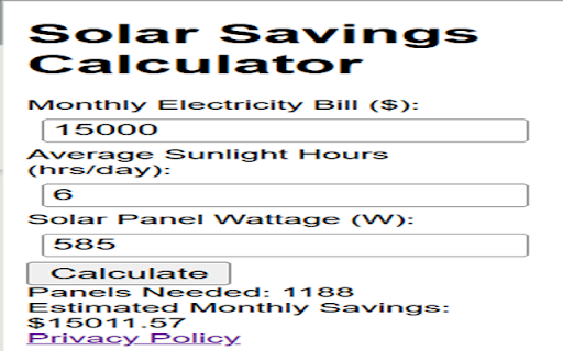 Solar Savings Calculator from Chrome web store to be run with OffiDocs Chromium online Solar Savings Calculator from Chrome web store to be run with OffiDocs Chromium online