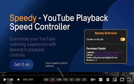 Speedy YouTube Playback Speed Controller from Chrome web store to be run with OffiDocs Chromium online Speedy YouTube Playback Speed Controller from Chrome web store to be run with OffiDocs Chromium online