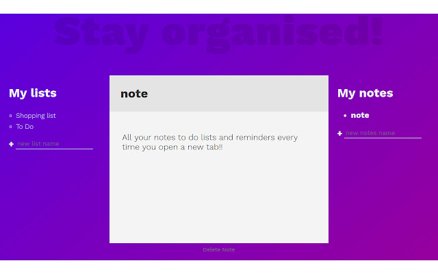 Stay organised notes and to do lists from Chrome web store to be run with OffiDocs Chromium online Stay organised notes and to do lists from Chrome web store to be run with OffiDocs Chromium online