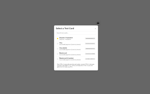 Stripe Test Cards Helper from Chrome web store to be run with OffiDocs Chromium online Stripe Test Cards Helper from Chrome web store to be run with OffiDocs Chromium online