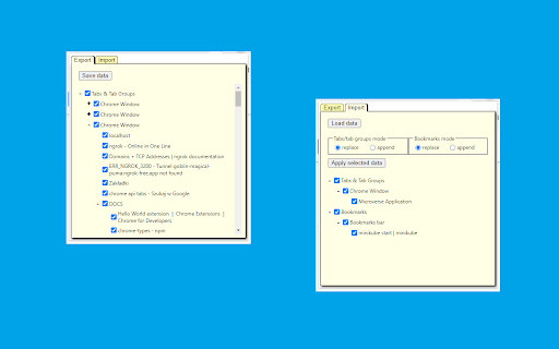 Tab Groups/Bookmarks Export/Import from Chrome web store to be run with OffiDocs Chromium online Tab Groups/Bookmarks Export/Import from Chrome web store to be run with OffiDocs Chromium online