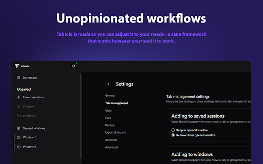 Tabiola: Manage Tabs, Groups, Windows Sessions from Chrome web store to be run with OffiDocs Chromium online Tabiola: Manage Tabs, Groups, Windows Sessions from Chrome web store to be run with OffiDocs Chromium online