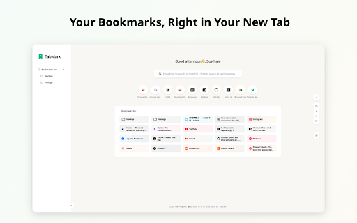 TabMark Bookmark New Tab from Chrome web store to be run with OffiDocs Chromium online TabMark Bookmark New Tab from Chrome web store to be run with OffiDocs Chromium online