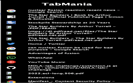 Tabs Mania from Chrome web store to be run with OffiDocs Chromium online Tabs Mania from Chrome web store to be run with OffiDocs Chromium online