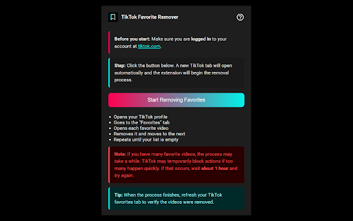 TikTok All Favorite Videos Remover from Chrome web store to be run with OffiDocs Chromium online TikTok All Favorite Videos Remover from Chrome web store to be run with OffiDocs Chromium online