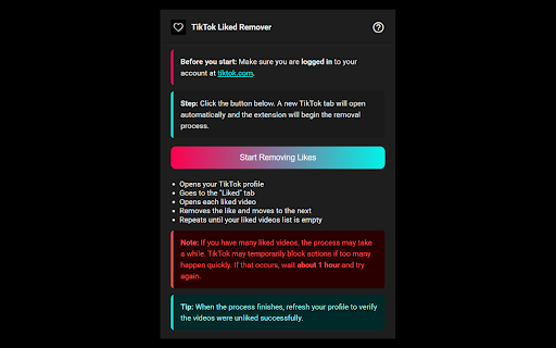 TikTok All Liked Videos Remover from Chrome web store to be run with OffiDocs Chromium online TikTok All Liked Videos Remover from Chrome web store to be run with OffiDocs Chromium online