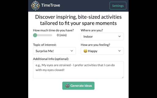 TimeTrove Extension from Chrome web store to be run with OffiDocs Chromium online TimeTrove Extension from Chrome web store to be run with OffiDocs Chromium online