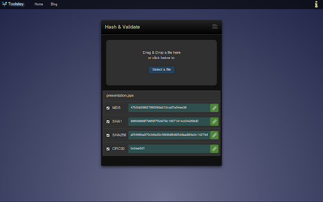 Toolsley Hash Validate from Chrome web store to be run with OffiDocs Chromium online Toolsley Hash Validate from Chrome web store to be run with OffiDocs Chromium online