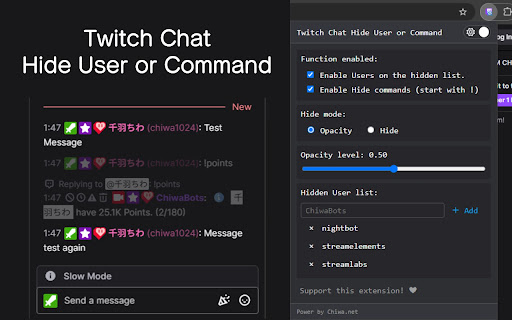 Twitch Chat Hide User or Command from Chrome web store to be run with OffiDocs Chromium online Twitch Chat Hide User or Command from Chrome web store to be run with OffiDocs Chromium online