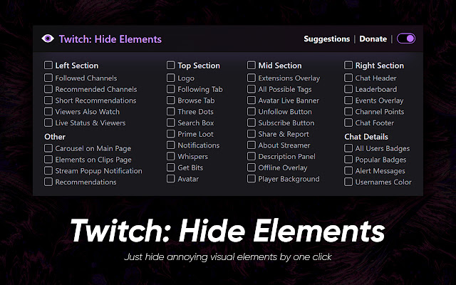 Twitch: Hide Elements from Chrome web store to be run with OffiDocs Chromium online Twitch: Hide Elements from Chrome web store to be run with OffiDocs Chromium online