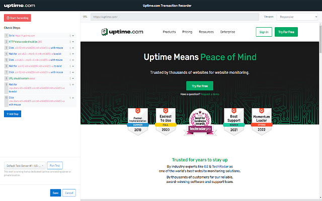 Uptime.com Transaction Recorder from Chrome web store to be run with OffiDocs Chromium online Uptime.com Transaction Recorder from Chrome web store to be run with OffiDocs Chromium online