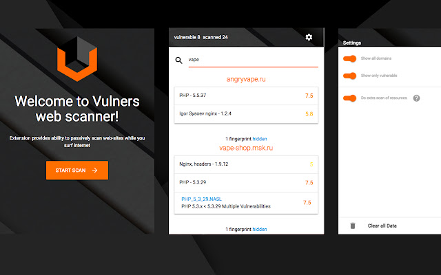 Vulners Web Scanner from Chrome web store to be run with OffiDocs Chromium online Vulners Web Scanner from Chrome web store to be run with OffiDocs Chromium online