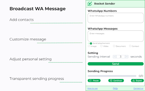 WARocket Sender Free Extension from Chrome web store to be run with OffiDocs Chromium online WARocket Sender Free Extension from Chrome web store to be run with OffiDocs Chromium online