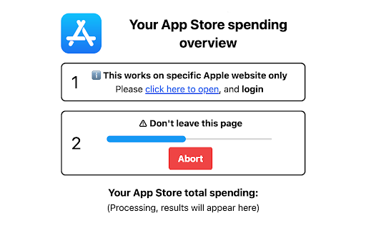 Your App Store spending overview from Chrome web store to be run with OffiDocs Chromium online Your App Store spending overview from Chrome web store to be run with OffiDocs Chromium online