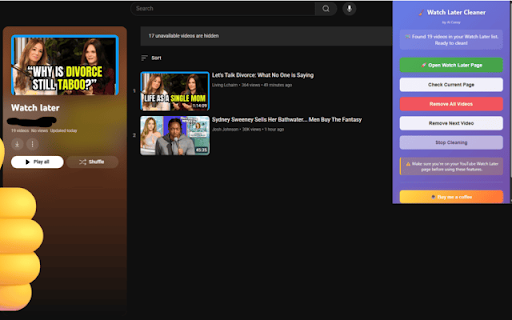 YouTube Watch Later Cleaner from Chrome web store to be run with OffiDocs Chromium online YouTube Watch Later Cleaner from Chrome web store to be run with OffiDocs Chromium online