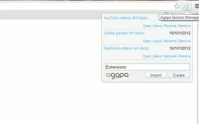 Agapa Session Manager from Chrome web store to be run with OffiDocs Chromium online Agapa Session Manager from Chrome web store to be run with OffiDocs Chromium online