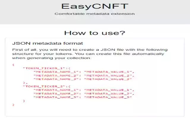 EasyCNFT Comfortable Metadata from Chrome web store to be run with OffiDocs Chromium online EasyCNFT Comfortable Metadata from Chrome web store to be run with OffiDocs Chromium online