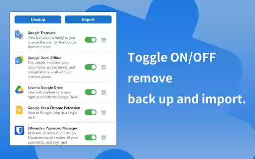 Extension Manager / Backup from Chrome web store to be run with OffiDocs Chromium online Extension Manager / Backup from Chrome web store to be run with OffiDocs Chromium online