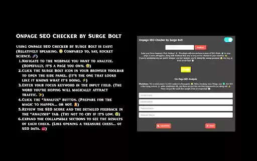 Onpage SEO Checker by Surge Bolt from Chrome web store to be run with OffiDocs Chromium online Onpage SEO Checker by Surge Bolt from Chrome web store to be run with OffiDocs Chromium online