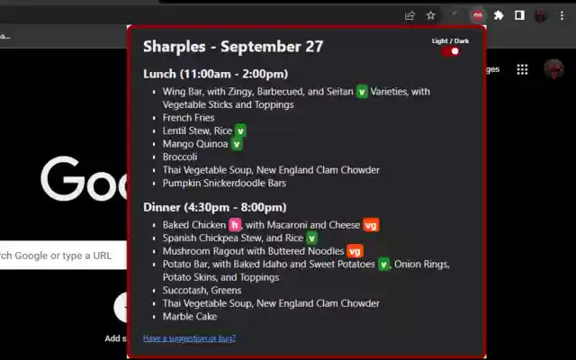 Sharples Menu from Chrome web store to be run with OffiDocs Chromium online Sharples Menu from Chrome web store to be run with OffiDocs Chromium online