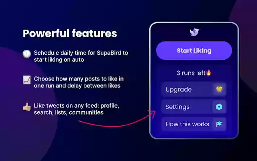 SupaBird Grow Your Twitter With Auto Likes and Viral Posts from Chrome web store to be run with OffiDocs Chromium online SupaBird Grow Your Twitter With Auto Likes and Viral Posts from Chrome web store to be run with OffiDocs Chromium online