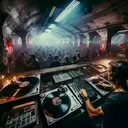 a amazing dj named atropin plays vinyl records on a bunker-technoparty